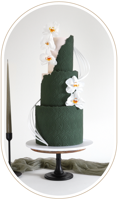 Dark Green Luxury Wedding Cake with wafer paper orchids.