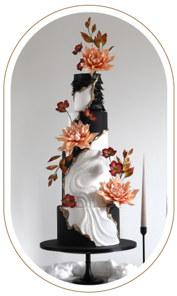 Black and white fine art wedding cake, handmade sugar dahlia.